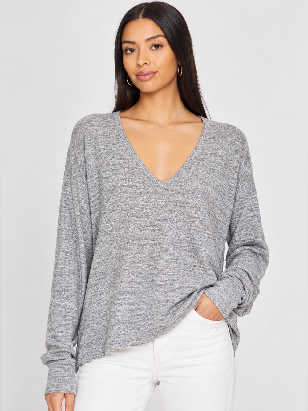 Rag & Bone JEAN Heather Gray Marled V-Neck Long Sleeve Top Sweater Small